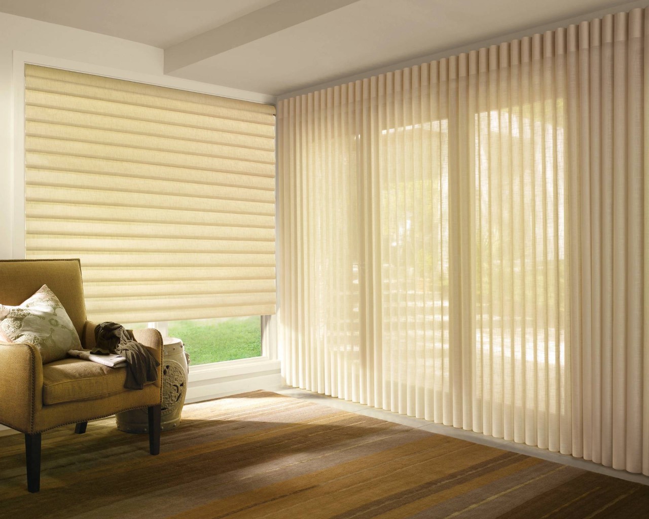 White Hunter Douglas Vignette® Roman Shades decorating a living room sliding glass door near Denver, CO