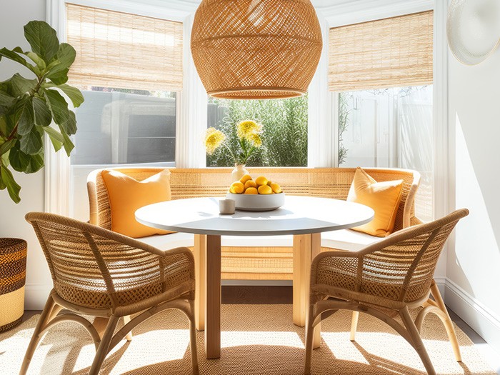 Breakfast nook with sun rays beaming in and woven seating, shades and overhead lamp.